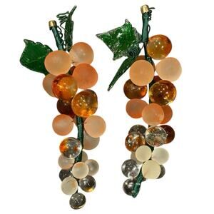 MCM (2) Glass Orange Frosted & Clear Grape Cluster Bunches 5" Decor Vintage*